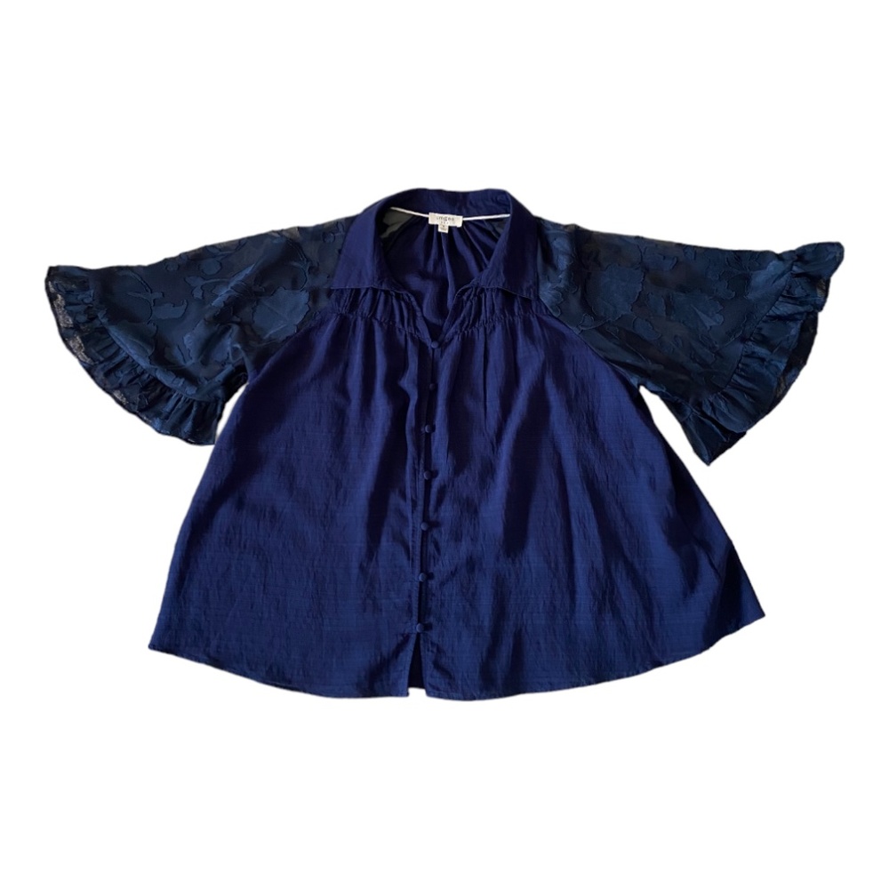 Umgee Blue Top with Bell Sheer Sleeves, Size M